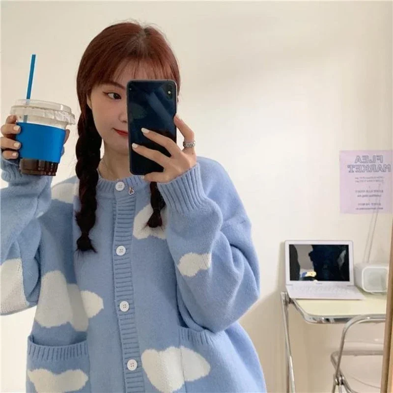 Korean Sweet Blue Sky Cloud Y2k Cardigan Women Preppy Style Loose Knitted Sweaters Coats O Neck Fashion Pockets Pull Femme