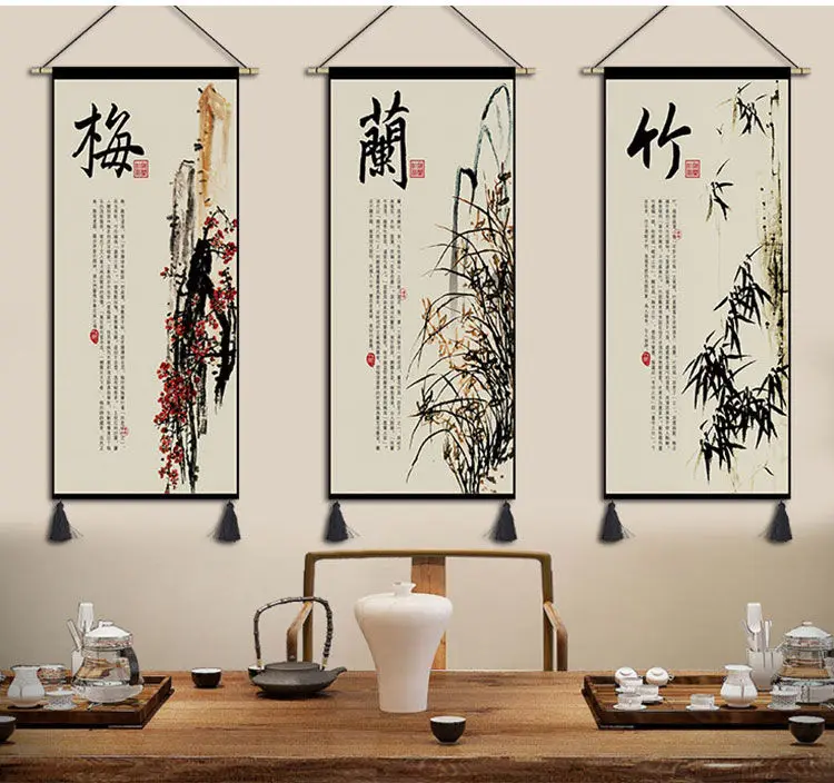 Chinese Style Scroll Painting Canvas Flowr Retro Room Decor Aesthetic Living Room Bedroom Home Office Wall Art Hanging Tapestry