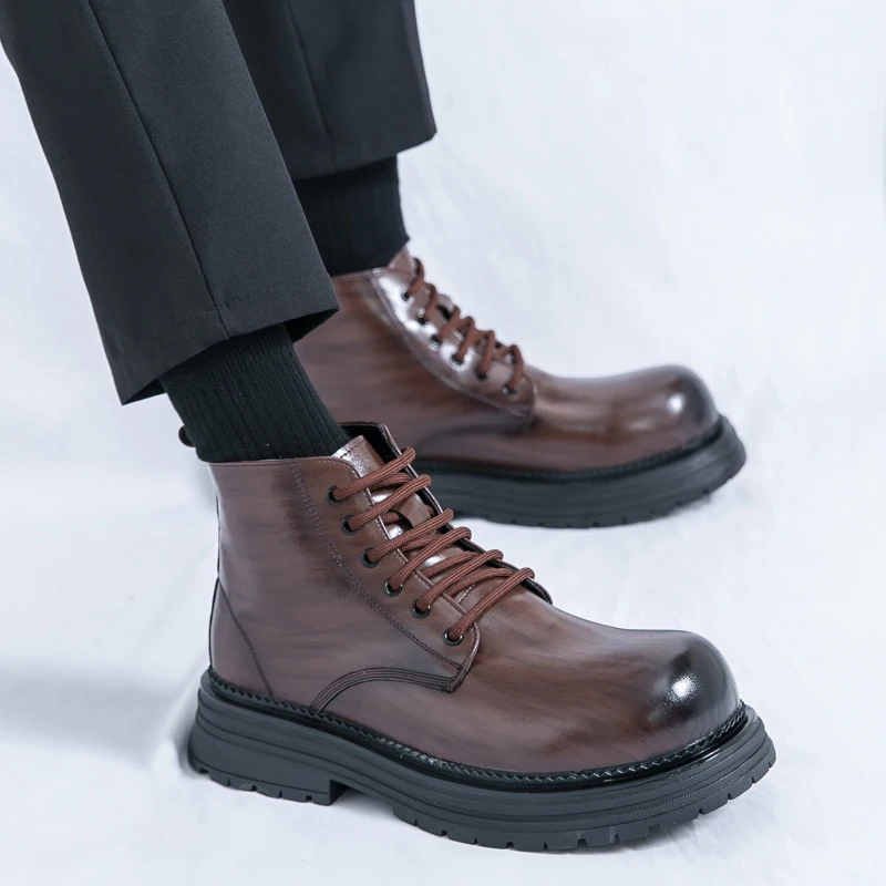 Botines de negocios para hombre, botas impermeables con parte inferior gruesa laca negra y marrón, botas Chelsea de moda de negocios con cordones, talla 38-45