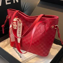 PU 2024 New Women's Bag Fashion Trend Shoulder Bag Leisure Commuter Handbag Minimalist Versatile Design Red Large Capacity