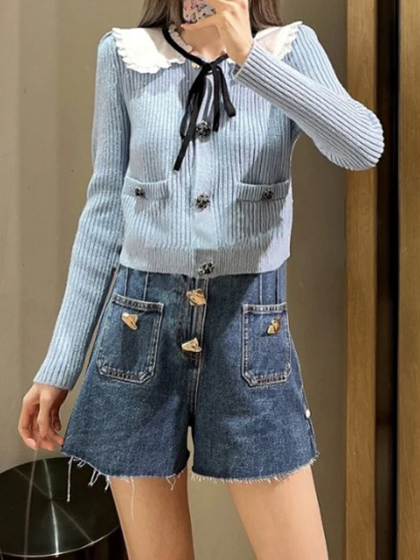 

Sweet Knot Doll Collar Splice Knitted Sweater ort Top Early Spring 2023 Woolen Commute Sle DBNY Versatile Girlf...