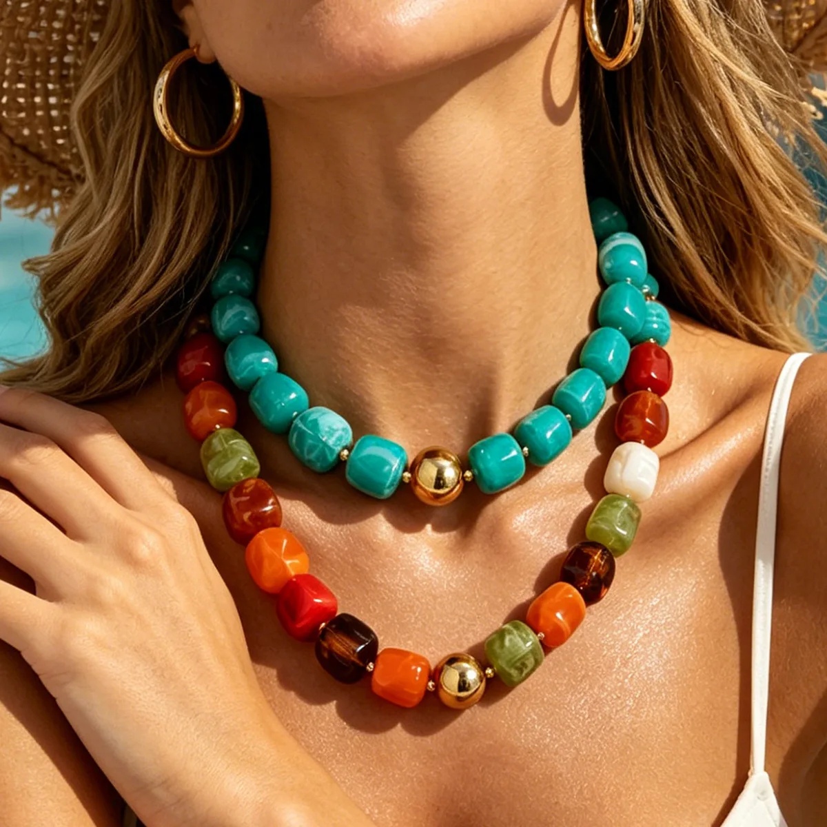 Necklace Multicolor Resin Bead Ombre Choker for Resort Beach Vacation Women Elegant High Quality Lightweight Durable