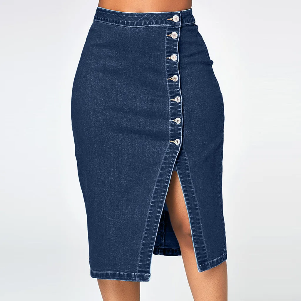 Plus Size Women\'s Denim Half Body Skirt Fashion High Waist Slim Pencil Denim Skirt Button Split Solid Colour Casual Half Skirt