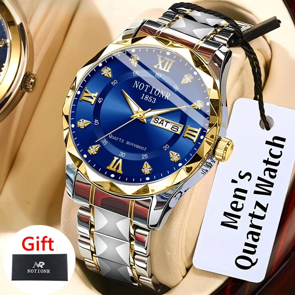 New Stainless Steel Men'S Quartz Watch Date Calendar, Sports Casual Business Resent, black gift box