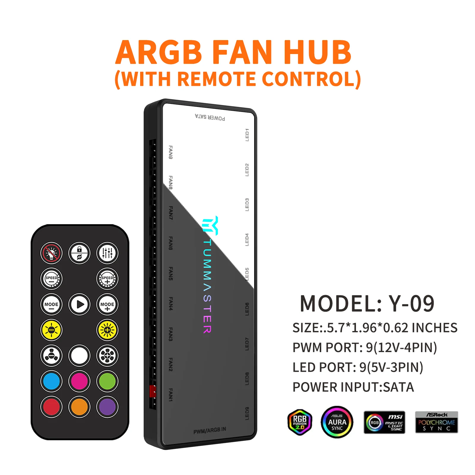 TUMMASTER ARGB Cooling Fan Controller For PC 9Port 4Pin&5V-3Pin PWN Fan Hub Magnetic Suction SATA Power Input RF Remote Lighting