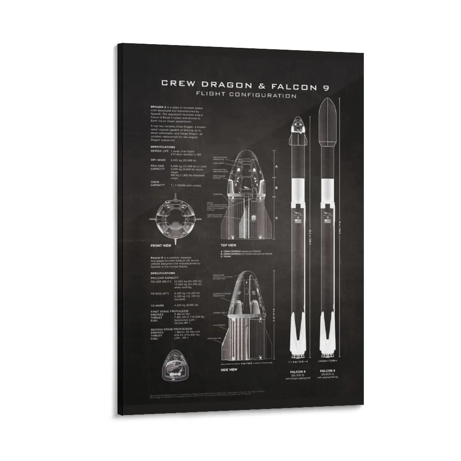 SpaceX Crew Dragon Spacecraft & Falcon 9 Rocket Blueprint in High Resolution (black) Canvas Painting aesthetic room decoration