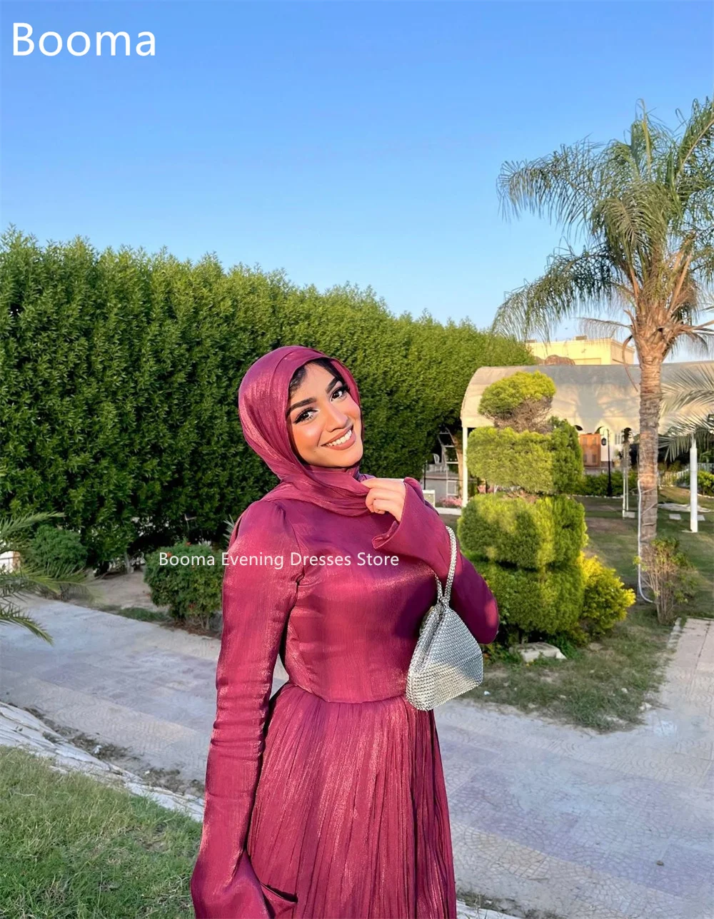 Booma brilhante a linha sem alças plissado vestidos formais de festa para mulheres o-pescoço manga cheia vestido de baile personalizar 2025