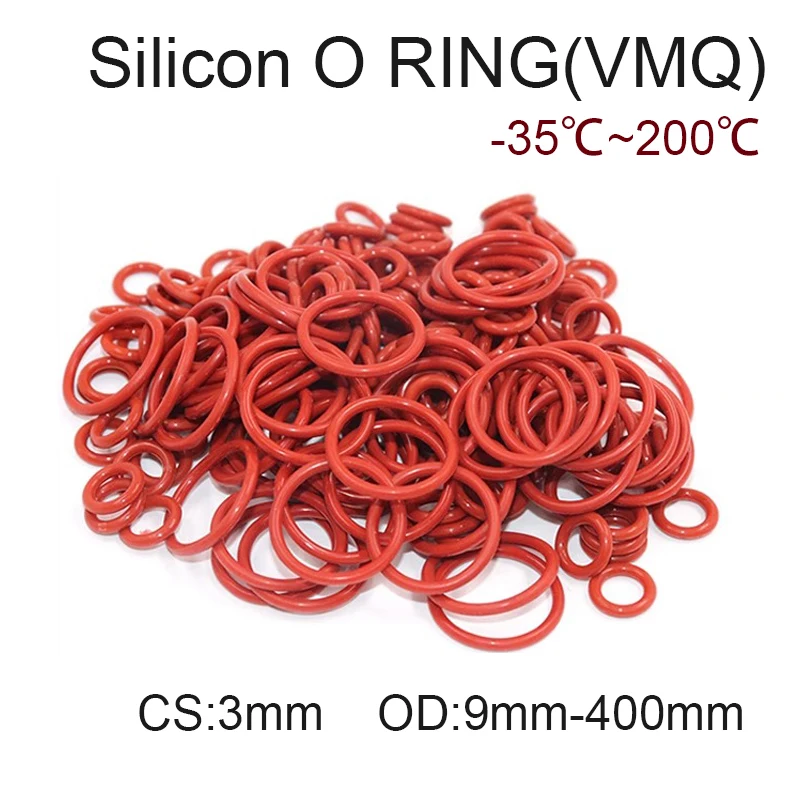 

VMQ Red Silicone O Ring Gasket CS 3mm OD 9-400mm Food Grade Silicone Sealing Washer Oil Resistant Waterproof Rubber Ring