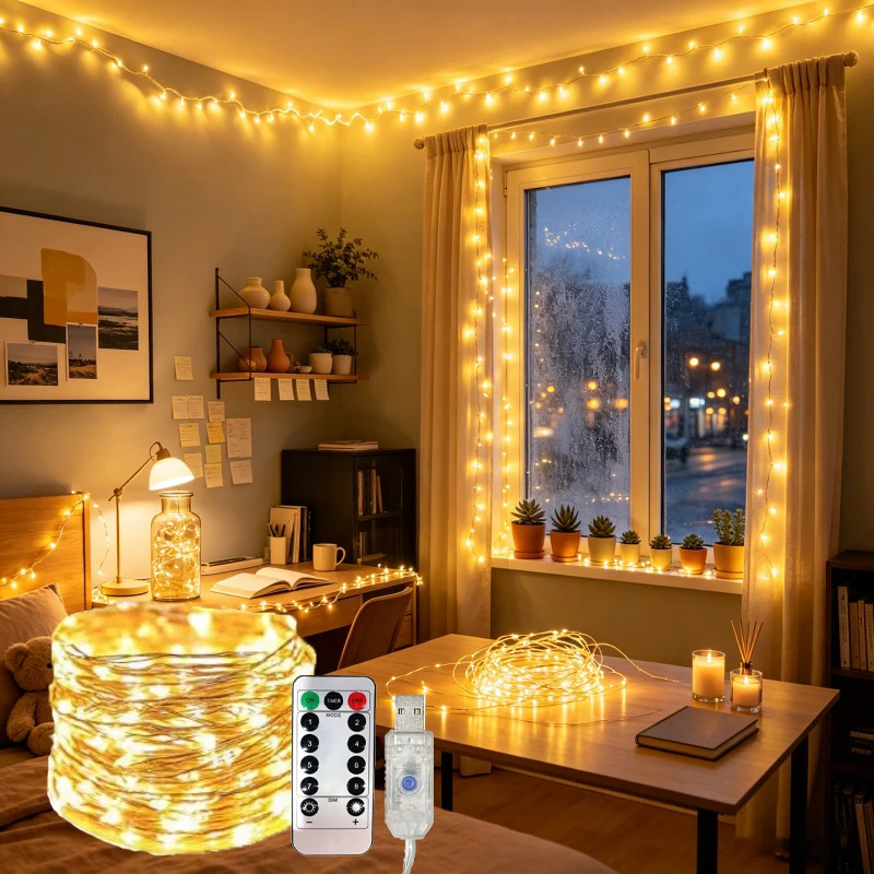 

8 Modes USB LED Wire String Lights with Remote Control Wedding Party Decor Garland Fairy Light Christmas Home Bedroom Decoration