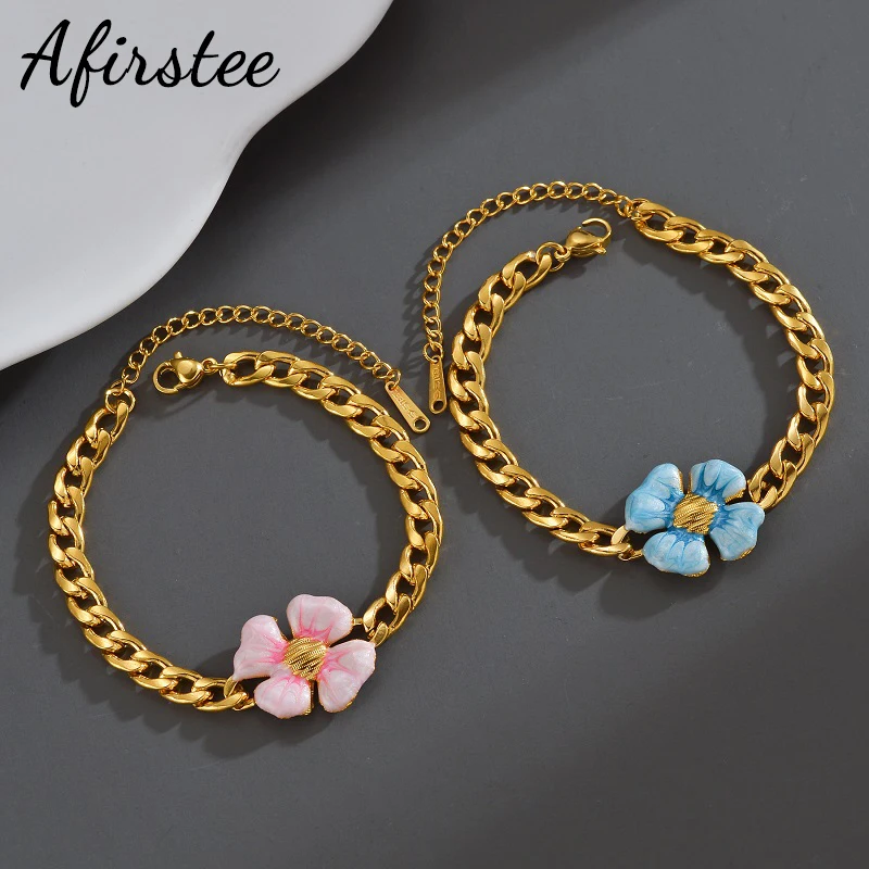 

Afirstee Fashion New Simple Flower Style Bracelets Stainless Steel Gold Color NK Chain Bracelet For Women Girls Elegant‌ Jewelry