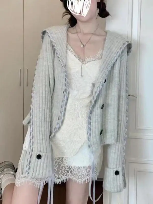 

Retro ey Sa Collar Open Cardigan Knitted Sweater Lazy Sle Loose Fit Autumn New Arrival Women's Faion Knitwear Coat