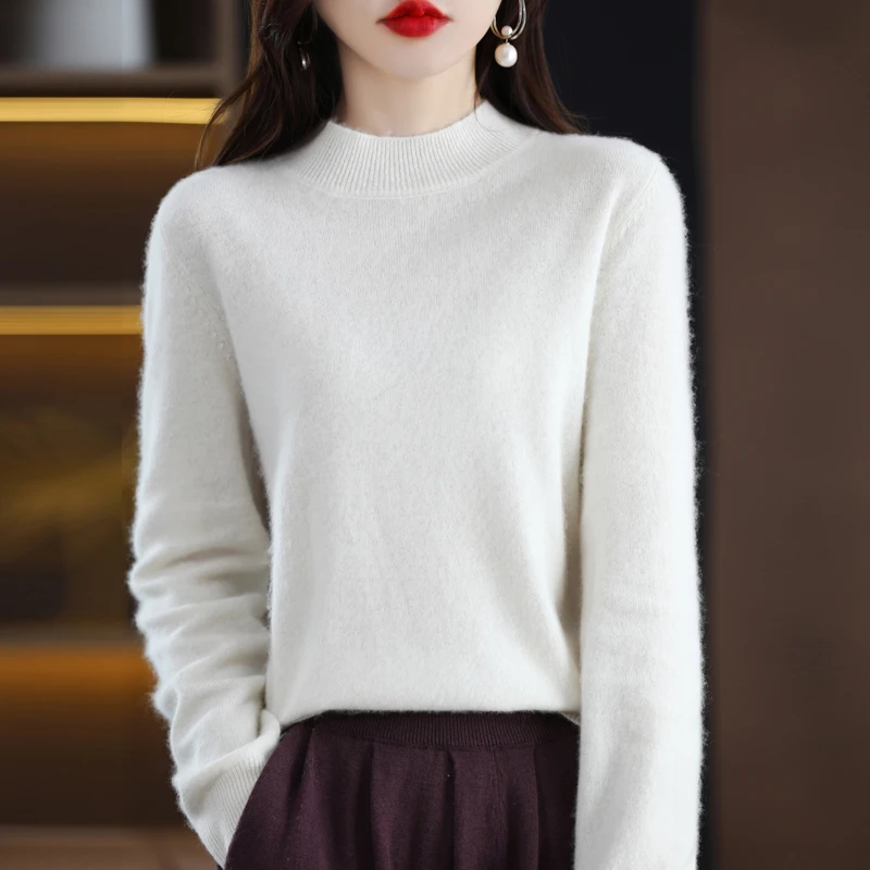 First-Line Ready-To-Wear 100% Pure Wool Women's Semi-Turtleneck Long-Sleeved Cashmere Sweater Autumn And Winter Knitted Bottomin