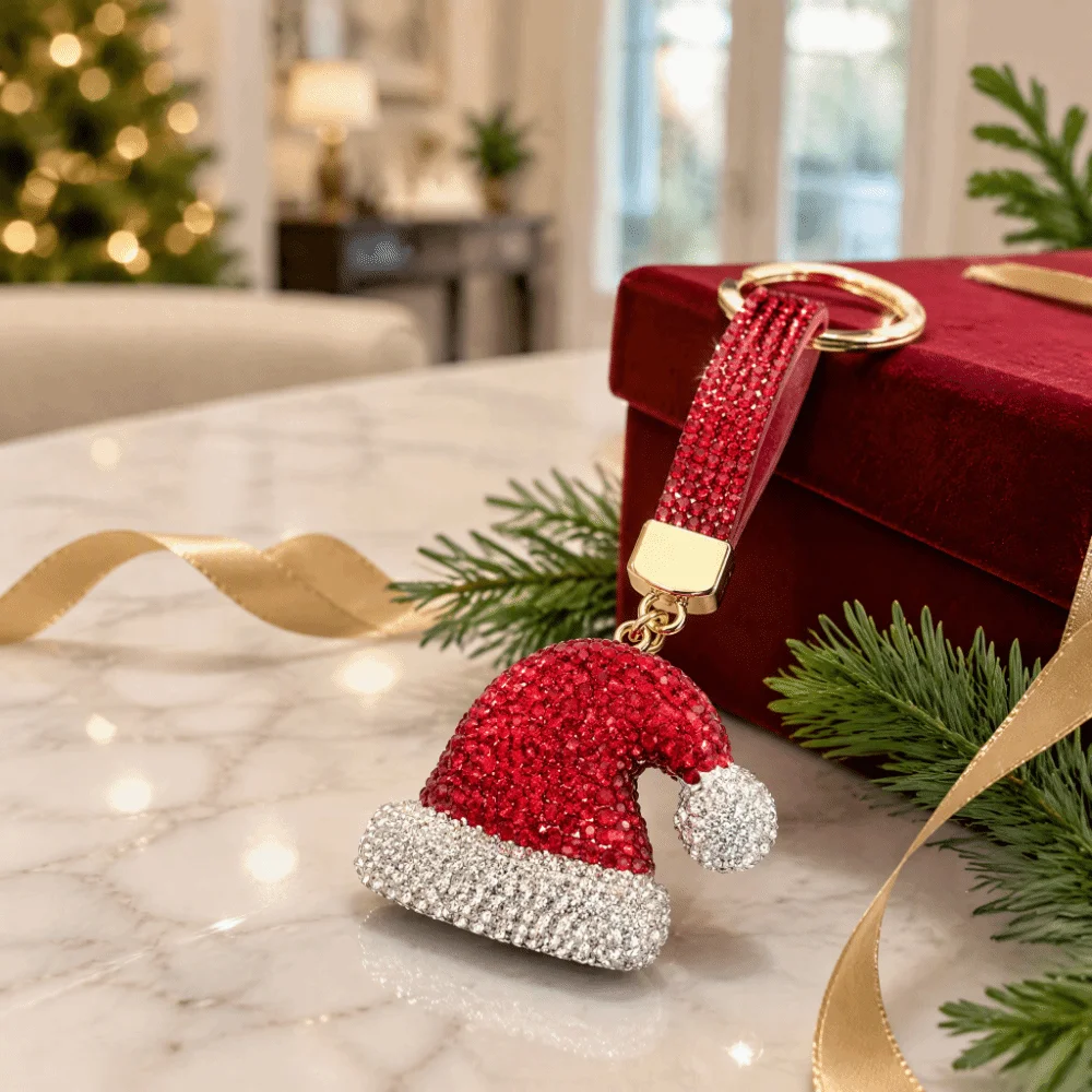 Santa Claus Rhinestone Christmas Keychain Christmas Hat Christmas Stocking Santa Claus Keychain Sparkly Blingbling