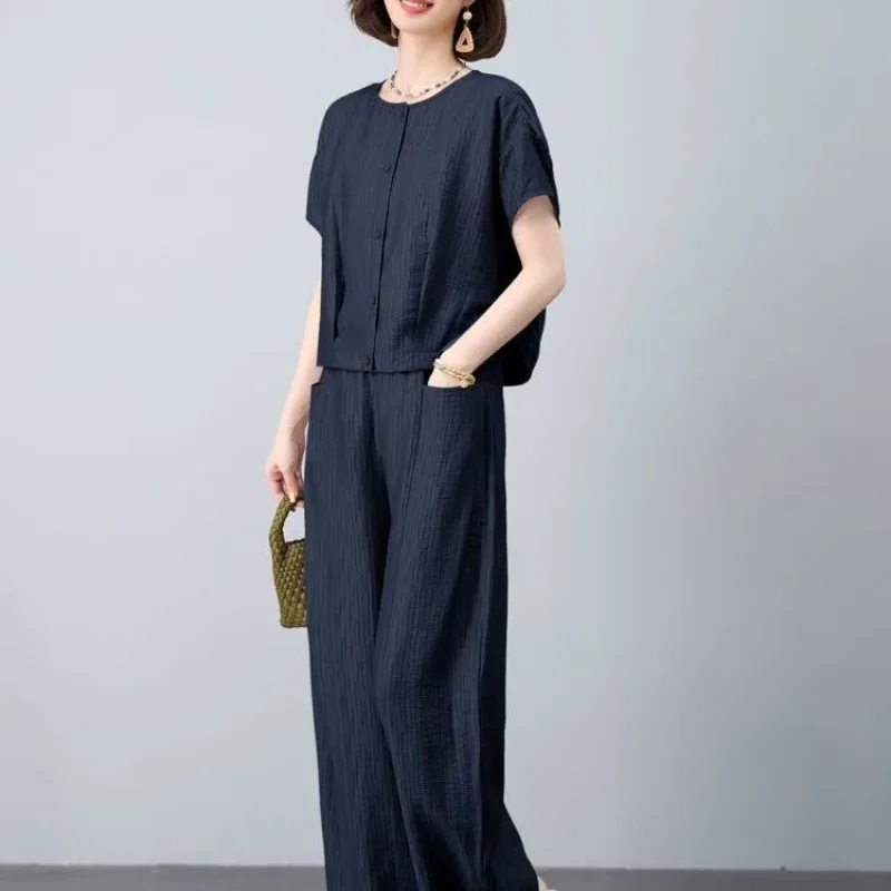 Women's Navy Blue Two Piece Outfit Short Sleeve Button Top Wide-Leg Pants Vertical Texture Loose Fit Casual Commute Set