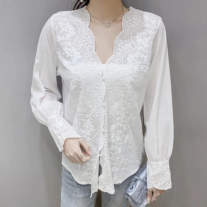 

Women's Embroidered Elegant White Lace Blouse V-Neck Vintage Shirt Wavy Cut Long Sleeve Office Lady Tops 17381