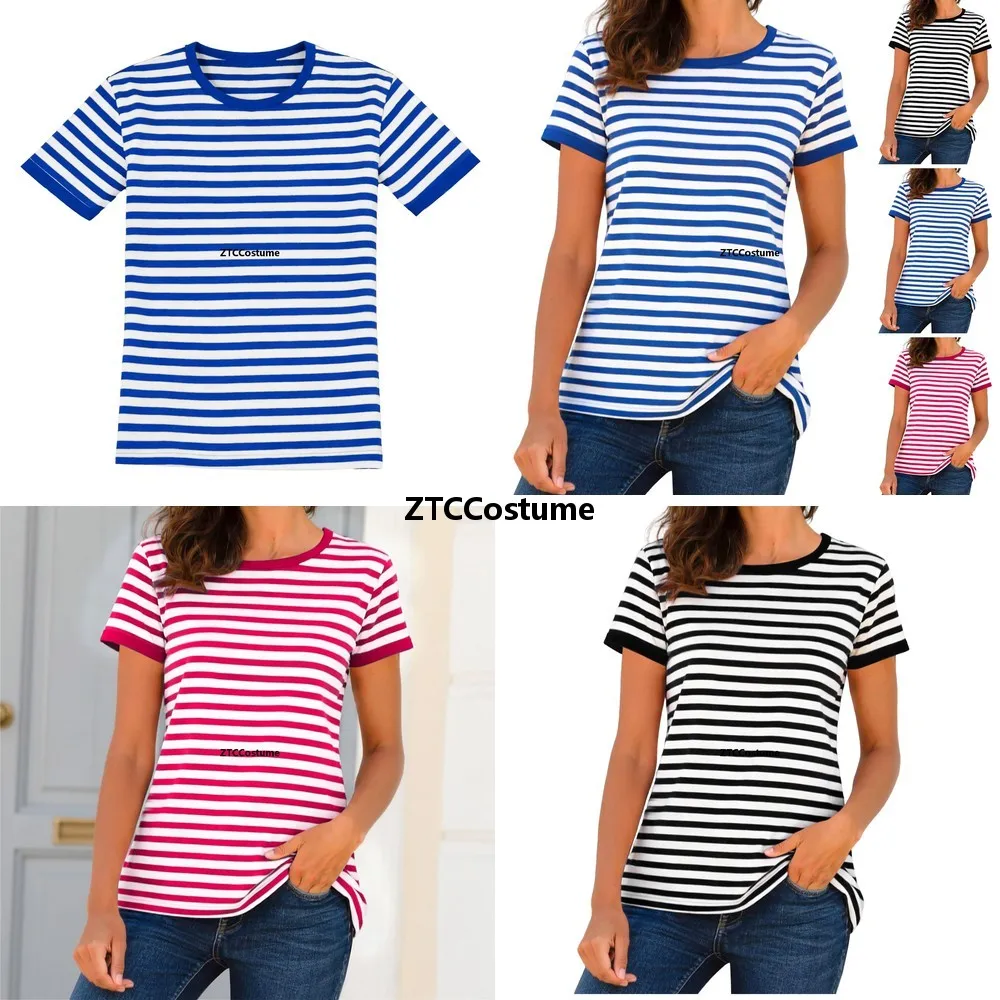 

Cosplay Striped Patchwork Blouse Soft Comfortable Round Neck Short Sleeve Tops for Women Casual Daily Wear All Match Fashion Tee