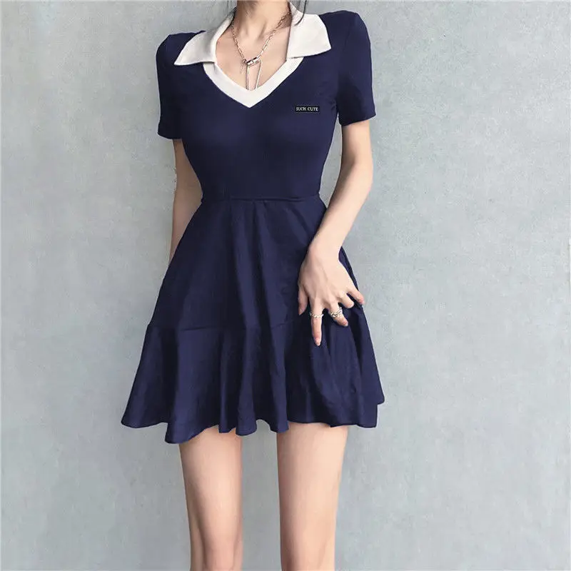 Dress Ruched Summer Women Sweet Comfortable Lady Korean Vintage A-Line Dress Female Cutecore Korean Collared Designer Dress