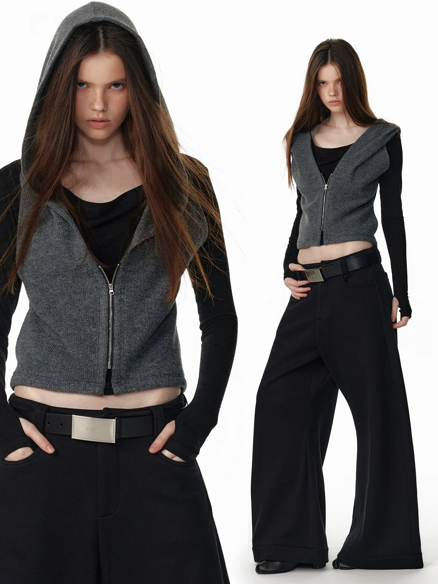 

Retro ALINNV Knitted Zipper Hooded Open Cardigan Women's Long Sve Top Faionable Versatile Winter New Sle Fake Two-Piece