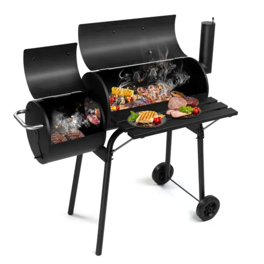 Barrel Charcoal Grill with Offset Smoker All Metal Outdoor Smoker with Side Table and Wheels for Outdoor Garden Patio and Backy