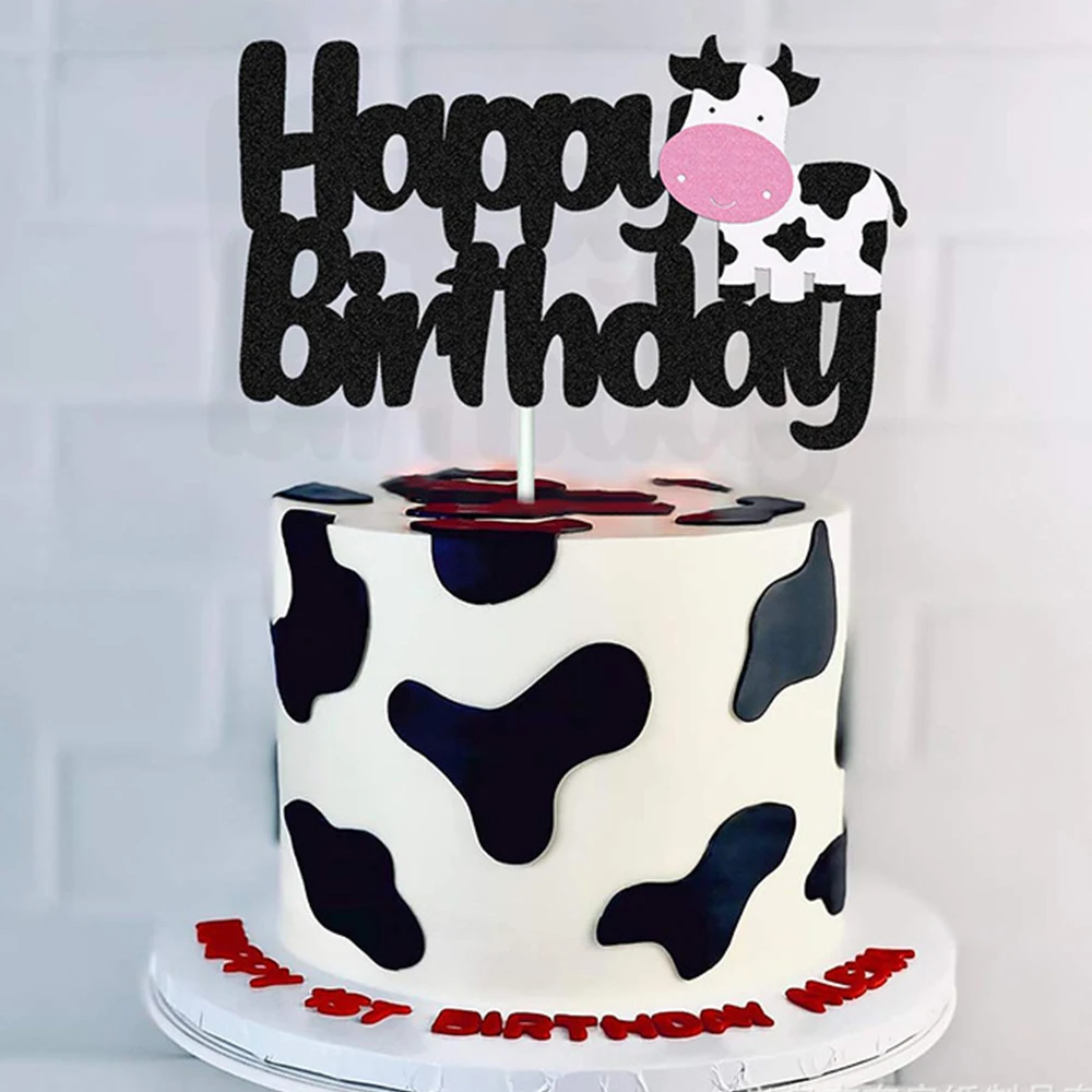 Cow Happy Birthday Cake Toppers Glitter Farm Animals Birthday Cow Cake Pick Decor for Cow Theme Baby Shower Boy Girl Birthday