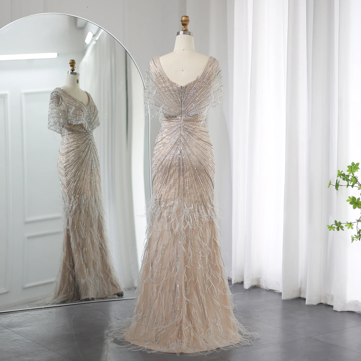 Sharon disse luxo dubai penas cáqui sereia vestidos de noite 2025 para mulher vestidos de festa de casamento mangas capa ss210 personalizado