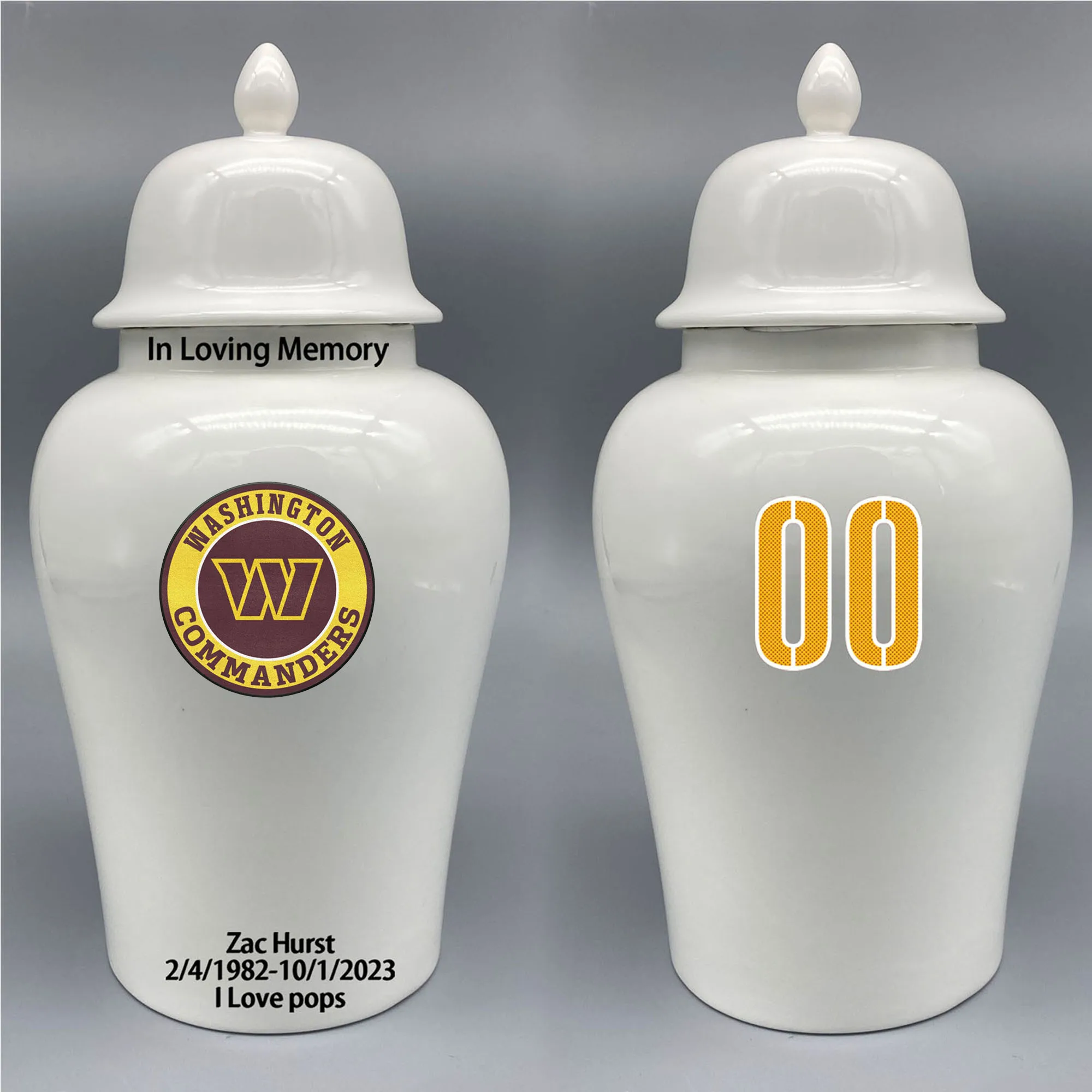 

Large Urn for Washington Commanders-themed Logo Urn.Please send me the customize information-name/date and number on the urn