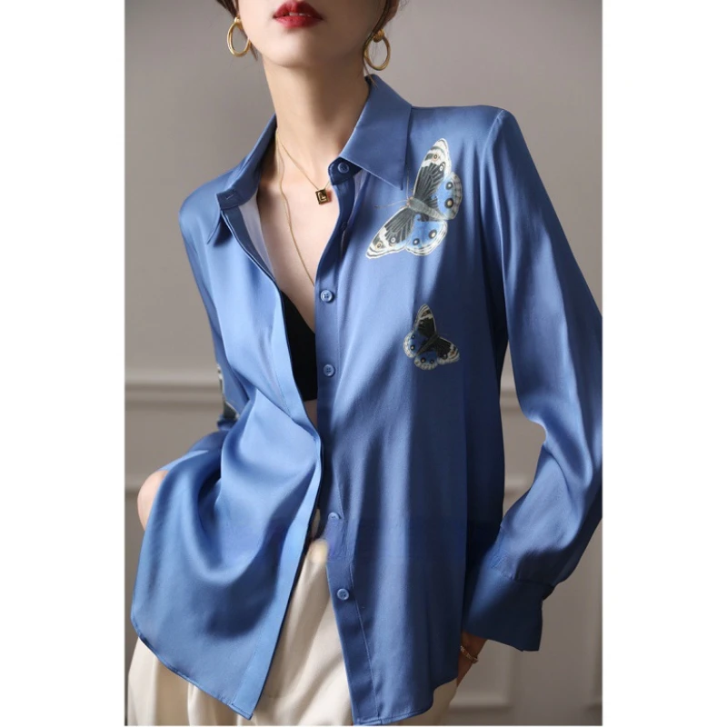 Borboleta Imprimir Camisa Chiffon Azul Primavera Verão Moda Blusa 2023 Estilo Coreano Elegante Manga Longa Turn Down Collar Shirt