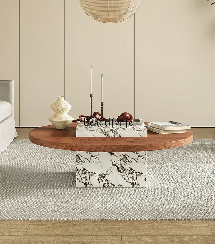 

LD33Medieval black round solid wood coffee table French retro style marble rock slab round coffee table