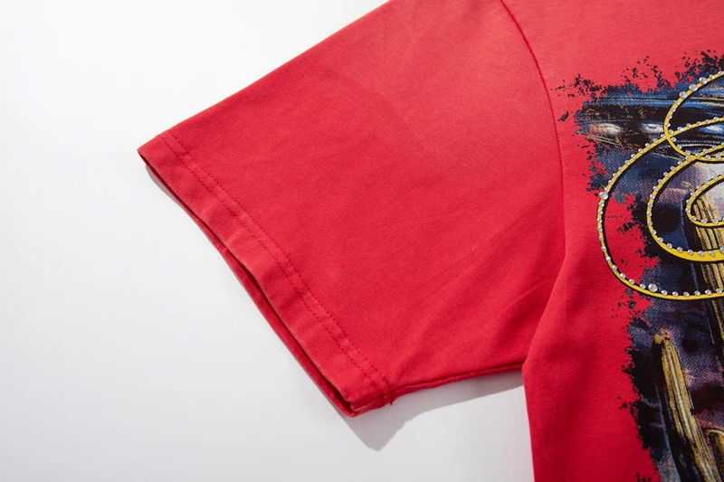 Sommer Vintage Rotes Acid Wash T-Shirt mit Alien Cowboy Western Aufdruck Lässige Oberteile Y2k Streetwear Oversized Hip Hop Unisex Kleidung – Detail 9