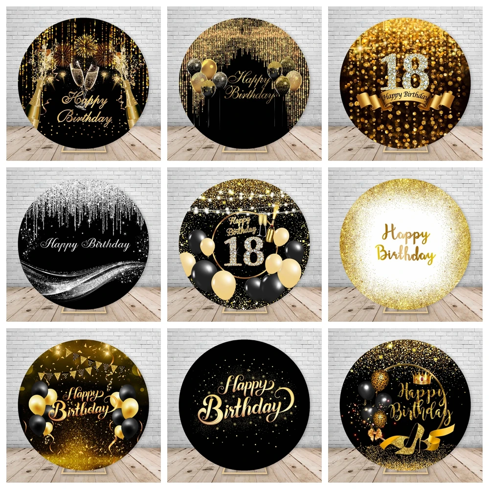 

Black and Gold Birthday Round Background Circle Backdrop for Adult Customize Photo Studio Banner Photocall Elastic Cover