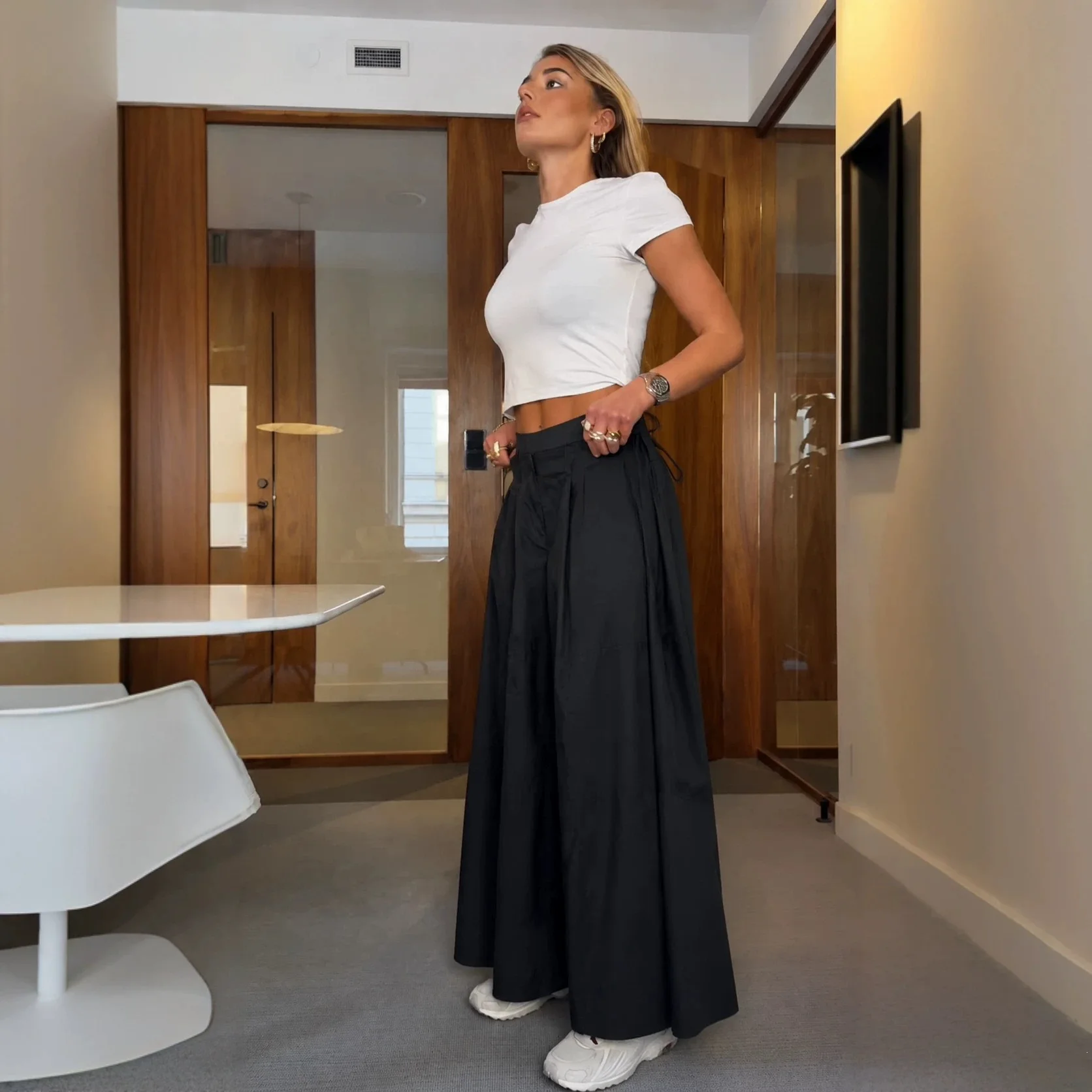 pleated lace-up trouser skirt Spice girl black new wide-leg design solid color trousers big swing loose and versatile women