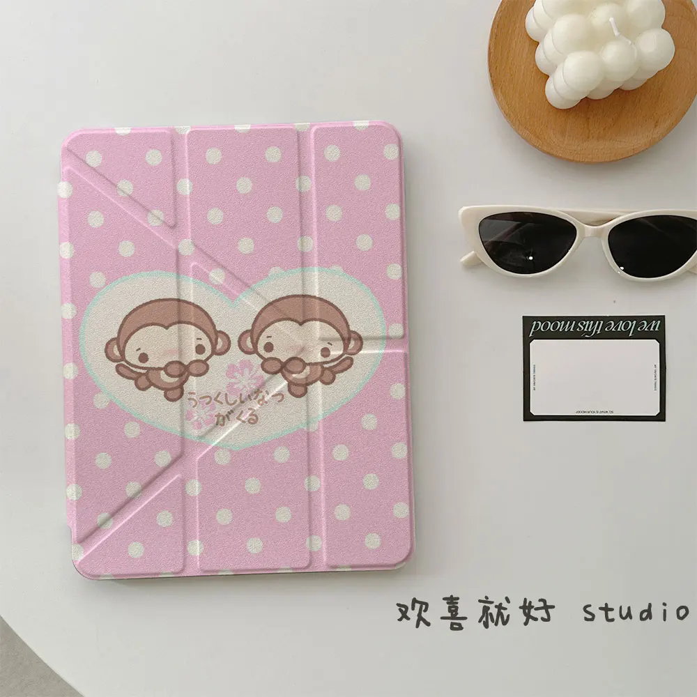 Kawaii Pink Polka Dots Monkeys Sweets Cases For iPad Pro Air Mini 13 11 12.9 10.9 10 9 8 7 6 5 4 7.9 M5 M4 M3 M2 Shockproof TPU