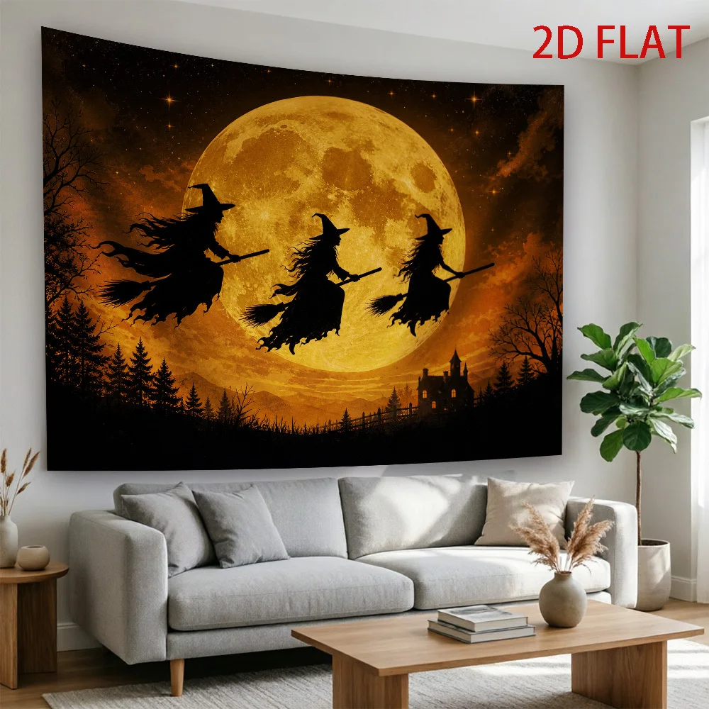Halloween Witches Flying Broomstick Orange Moon Night 2D Flat Tapestry Backdrop For Party Decor Gothic Wall Hanging Art