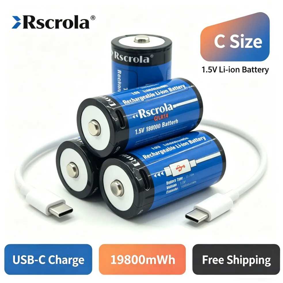 Baterias C Recarregáveis USB-C, 19800mWh 1.5V, Carregamento Rápido em 2 Horas, Substitui Bateria LR14 para Caixas de Som e Campainhas