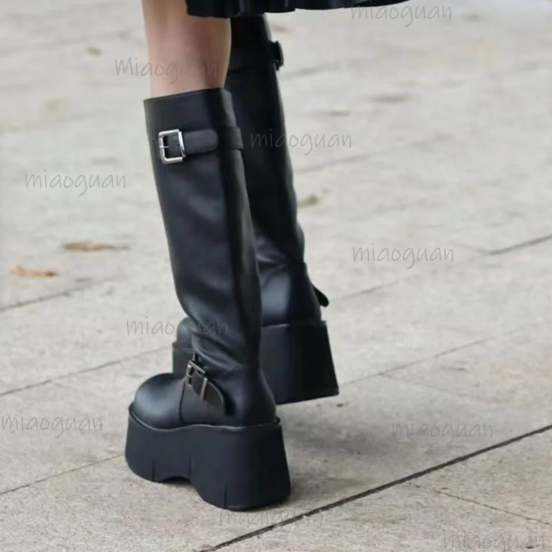 Black Thick Bottom Women's Platform Long Boots Side Zip Chunky Sole Knight Boots Faionable Buckle Straps Botas Altas Mujer 35-40