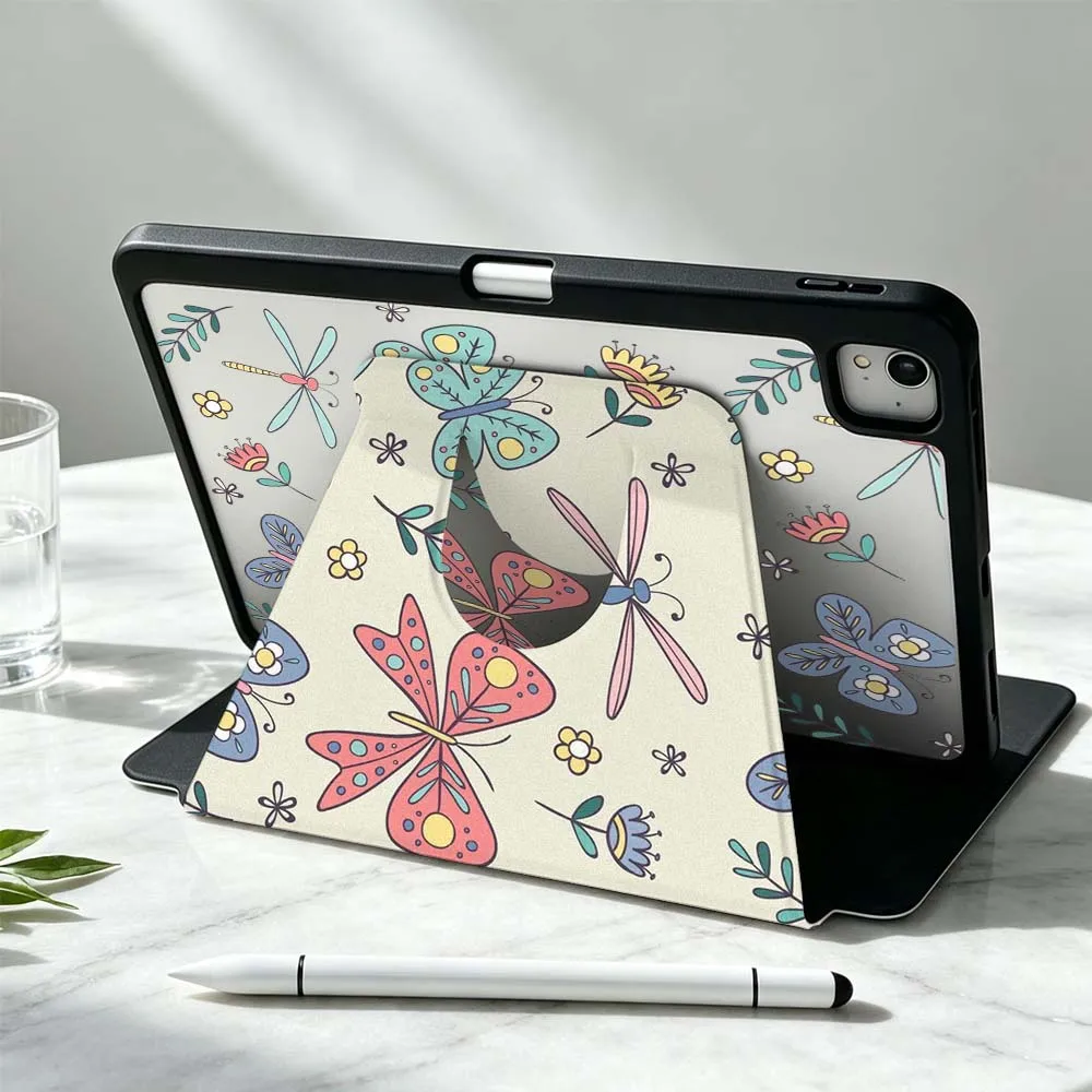 Artistic Dragonfly Butterfly For iPad Pro Air mini 6 5 4 12th M5 M4 M3 M2 A16 A17Pro 360° Rotation Stylus Storage Tablet Case