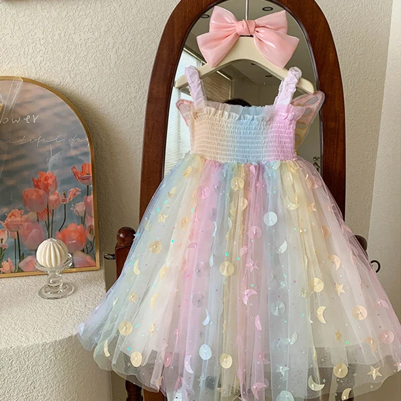 2024 Summer Baby Girl Back Princess Dress Butterfly Wings Dress  Rainbow Dresses for Girls Birthday Party Cute Gown Kids Clothes