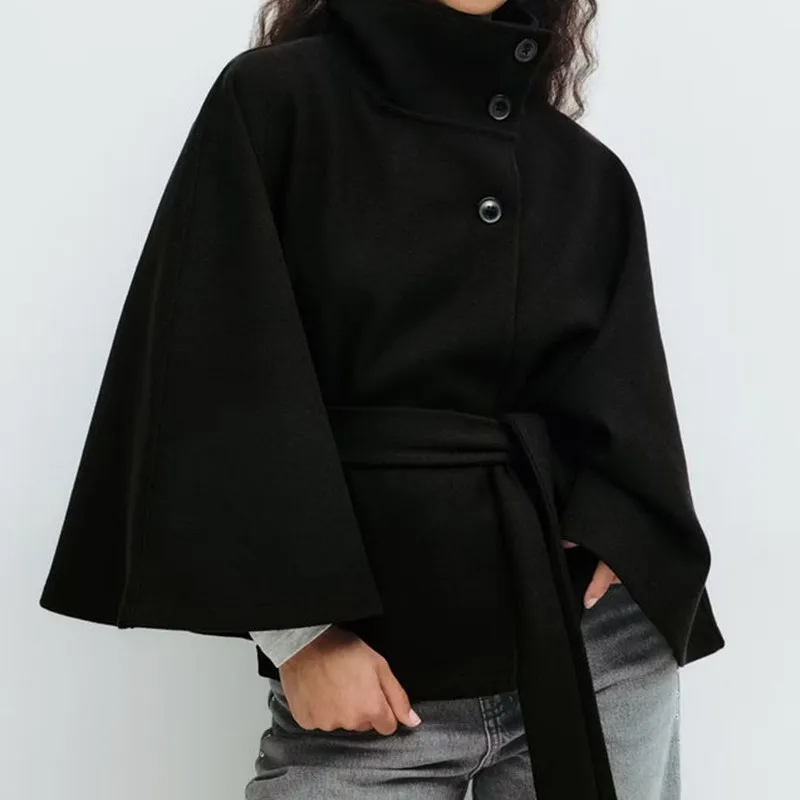 2025 Fashion Cape Style Woolen Coats Women Autumn Winter Batwing Sleeve Belts Loose Jacket Female Elegant Solid Windbreaker Coat