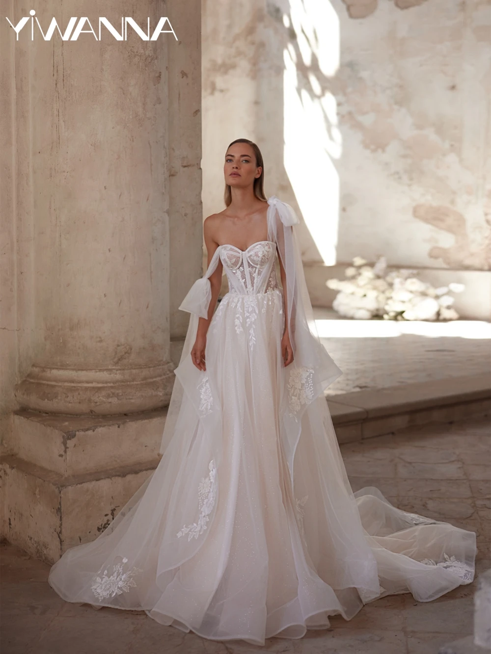 

Glitter Tulle Lace Appliques Long Wedding Dress Sweetheart Neck Bridal Gown Customized Charming A-line Long Dresses For Bride