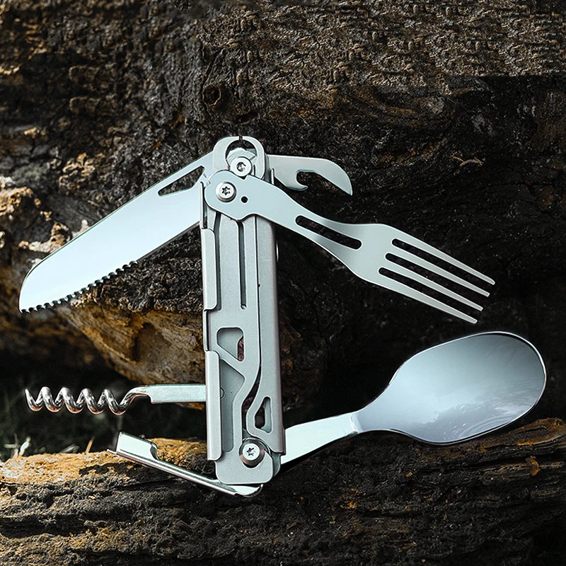 

420 Stainless Steel Folding Knife Multi-tool Portable Fork Spoon Outdoor Survival Camping Pocket Knife Detachable Hand Tools