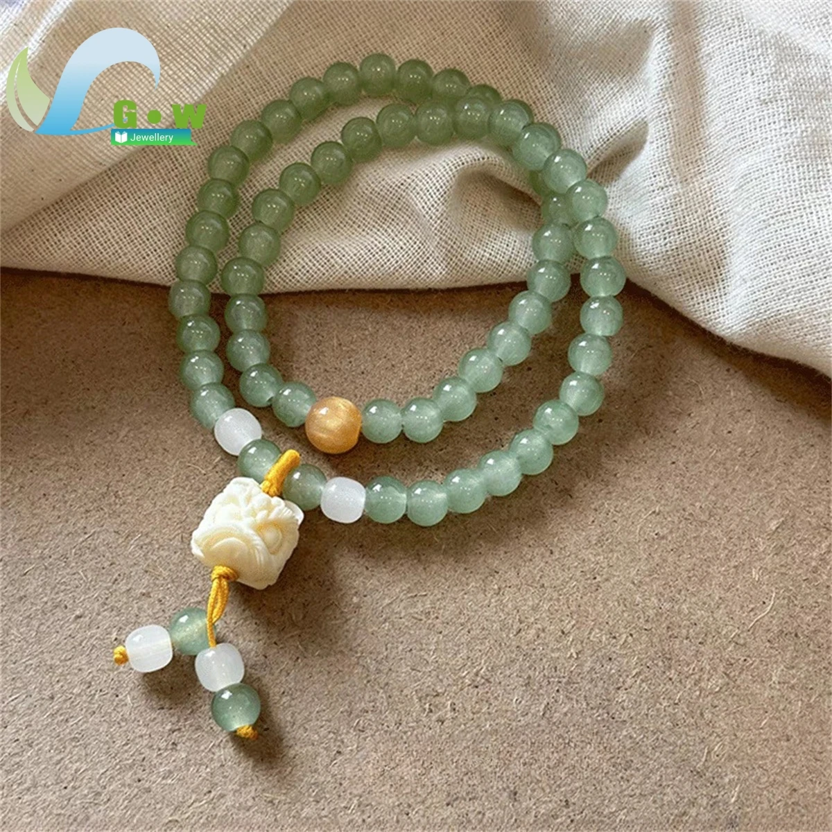 New Chinese Ancient Style Lion Awakening Double Layer Green Beaded Bracelet For Women Simple Cool Bracelet High Appearance Gift