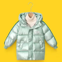 Winter Keep Warm Boys Girls Jacket Long Style Solid Color Glossy Waterproof Stain Resistant Hooded Coat For 4-12Y Kids Outerwear