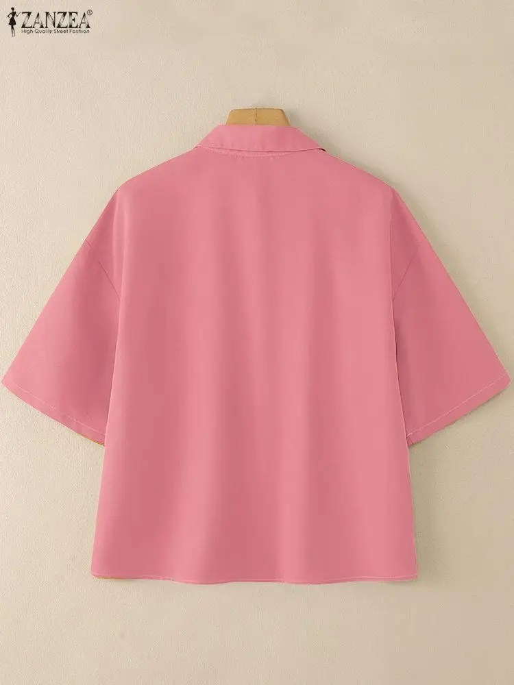 ZANZEA Polo da donna in colore a contrasto estivo Camicie casual allentate Colletto rovesciato Manica corta Camicette ricamate Donna Top 3XL