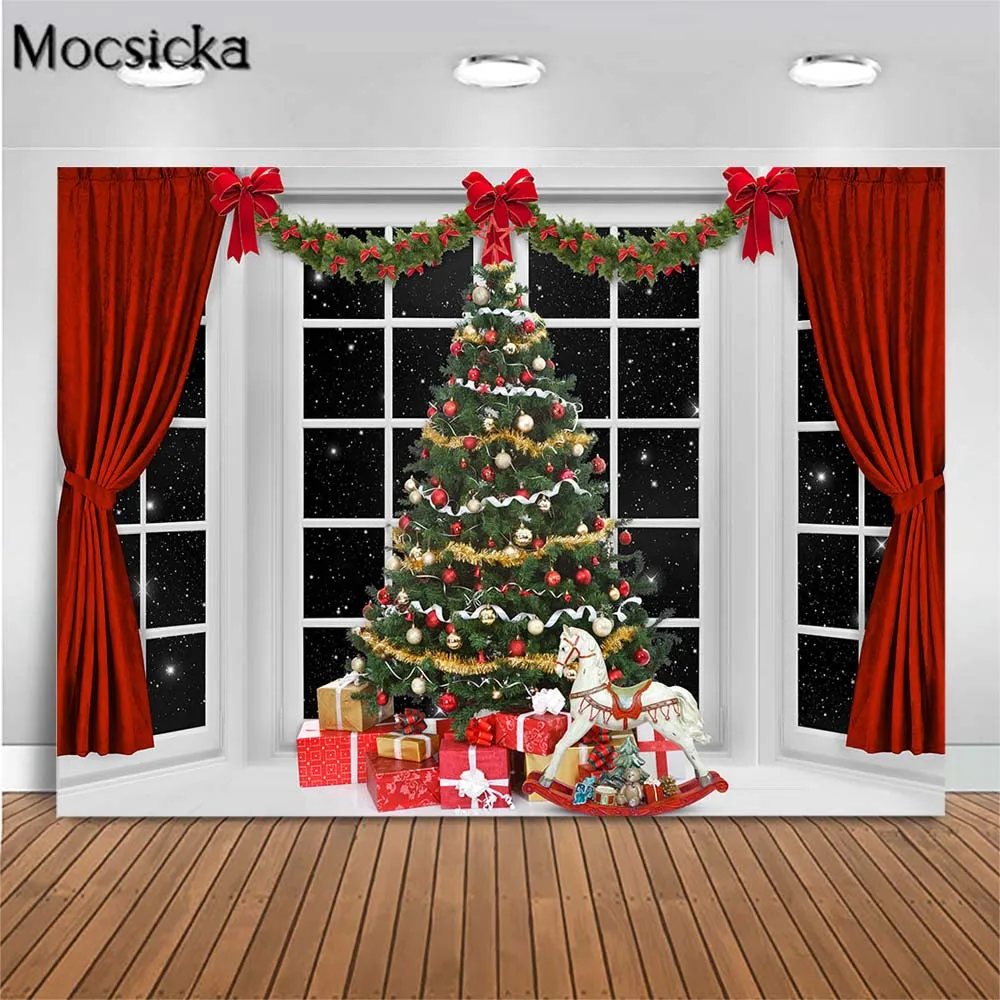 

Mocsicka Christmas Tree Photography Backdrop Window Night Sky Red Curtain Xmas Background Decoration PhotoStudio Photocall Props