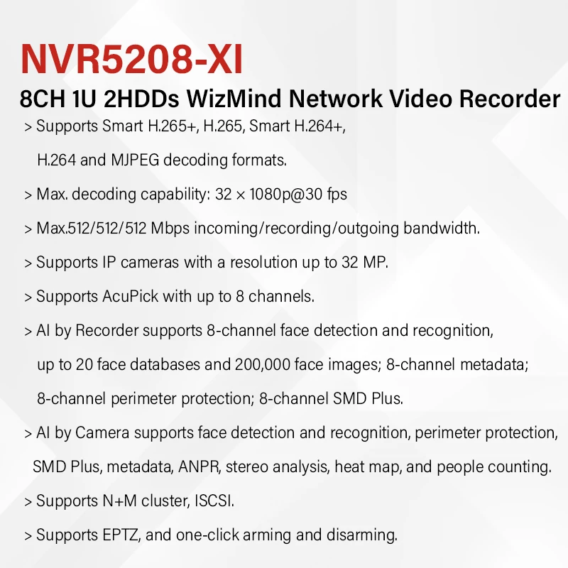 Dahua Original WizMind Network Video Recorder NVR5208-XI NVR5216-XI 2HDDs Face Recognition AcuPick Max.512Mbps Up to 32 MP NVR