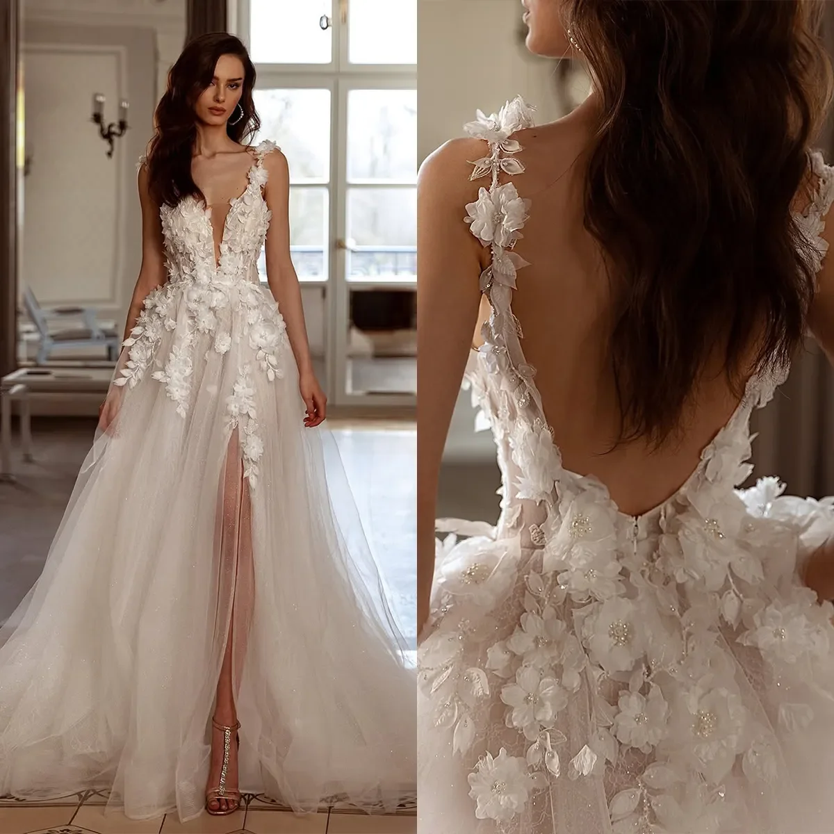 Custom Made Fancy Wedding Dress Appliques 3D Flowers Beach Bridal Dresses Spaghetti Straps Princess Backless Vestido de novia