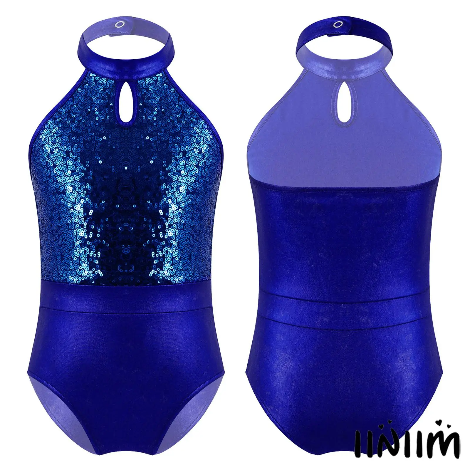 

Kids Girls Shiny Sequins Ballet Dance Leotards Sleeveless Button Closure Collar Patchwork Backless Stage Performances Bodysuit