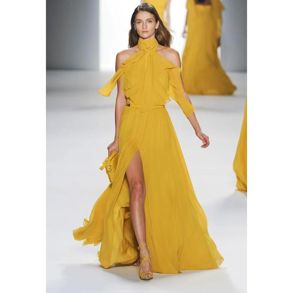 

Yellow Evening Dresses Halter A Line Sleeveless High Quality Floor Length Sweep Train Banquet Celebrity Prom Party Female Gowns