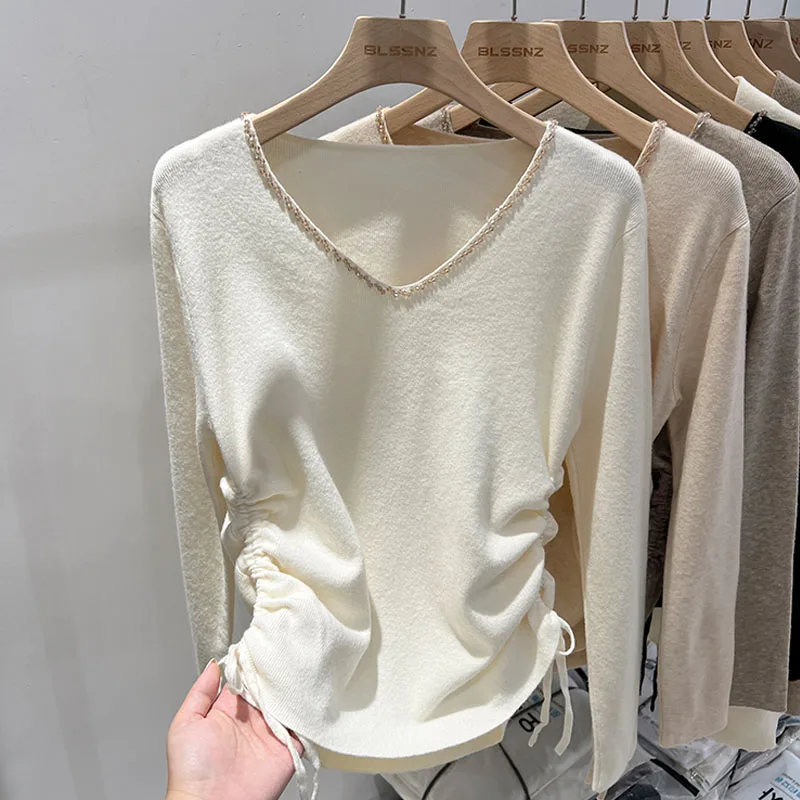 

Knitted Sweater Women Pullovers New Long Sleeve V-Neck Beading Knit Sweater Pullover Women Tops Sweaters Sueters De Mujer Q1376