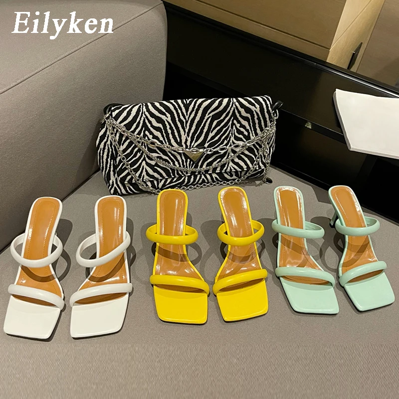 Eilyken Summer Yellow White Thin Heels Slippers Sandals Women Square Toe Mules Beach Slides Leisure Shoes